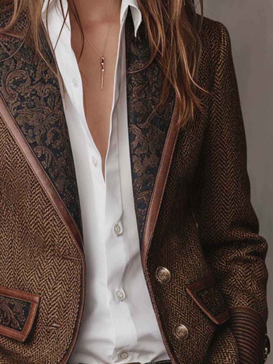 Blazer de Mujer con Diseño en Espiga y Paneles Estampados