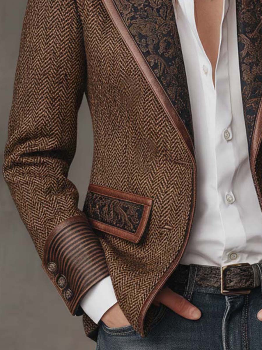 Blazer de Mujer con Diseño en Espiga y Paneles Estampados