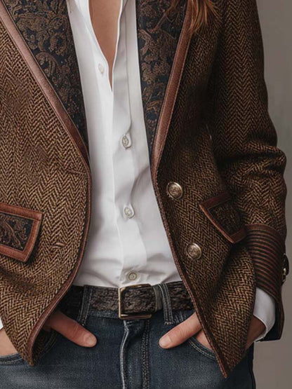 Blazer de Mujer con Diseño en Espiga y Paneles Estampados