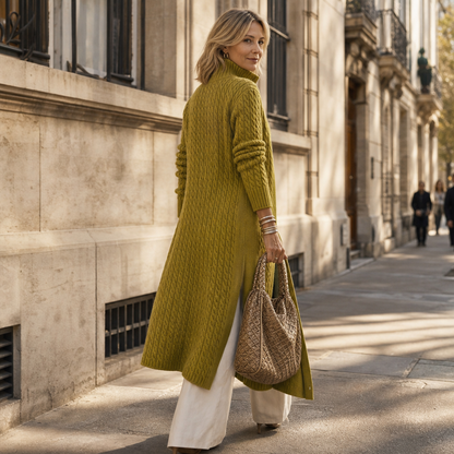 Cárdigan largo de punto trenzado con cuello alto