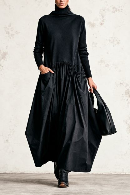 Ana | Vestido maxi oversize negro con cuello alto y bolsillos