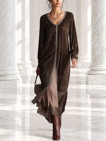 Teresa | Vestido midi holgado de ante sintético con escote en V y detalle de ribete