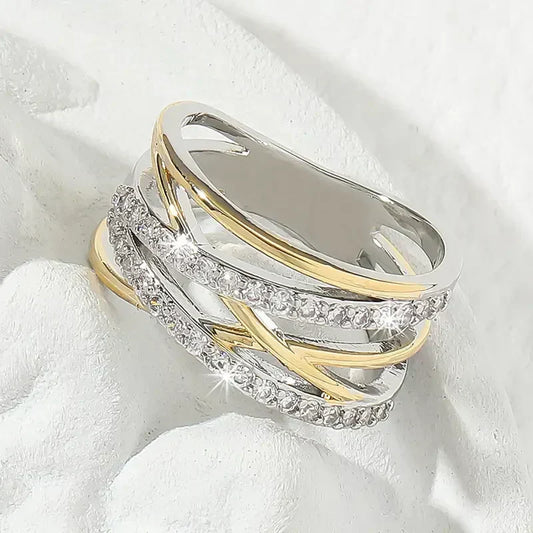 Anillo de circonita con brillo plateado y dorado | oro combinado